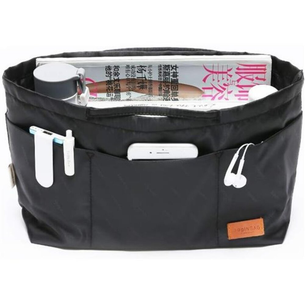 Black Purse Organizer Insert with Zipper Medium Nylon Tote Handbag Organizer